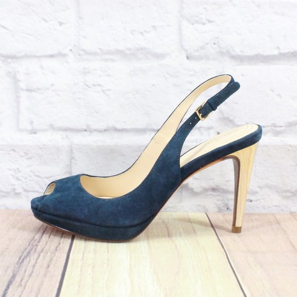 Cole Haan Shoes - Cole Haan Blue Suede Peep Toe Ankle Strap High Stilettos Pump Shoe 6 B